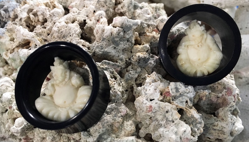 Black Horn Flesh Tunnel Plugs w Carved Bone Ganesha Inlay Pair 14mm 916 16mm 58 19mm 1316 22mm 78 25mm 1