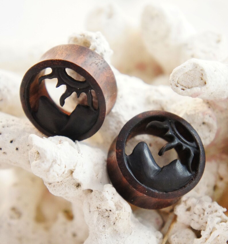 12mm Pair Dark Sono Wood Mountains Sun Tunnels Plugs Earrings 10mm 12 18mm 1116 14mm 00G 58 916 16mm 20mm 1316 25mm 1
