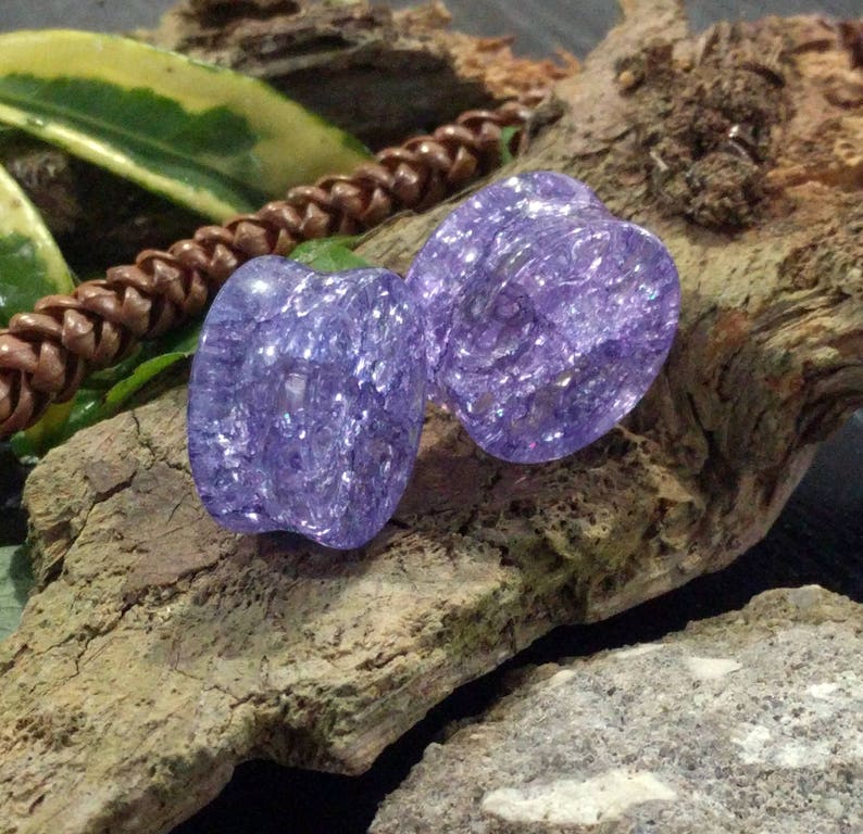 14mm 12mm 16mm 20mm 25mm 18mm 12 58 6mm 8mm 00G Shattered Purple Glass Double Flared Plugs Pair 0G 1 10mm 916 1116