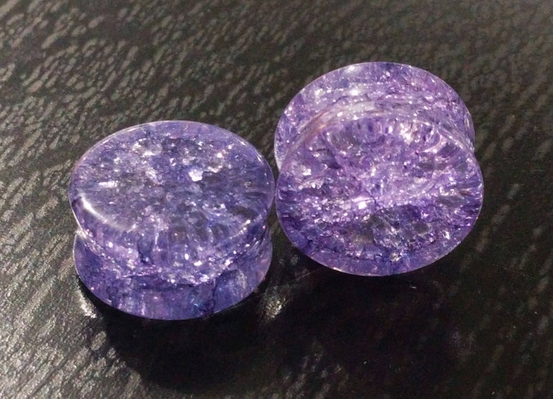 14mm 12mm 16mm 20mm 25mm 18mm 12 58 6mm 8mm 00G Shattered Purple Glass Double Flared Plugs Pair 0G 1 10mm 916 1116