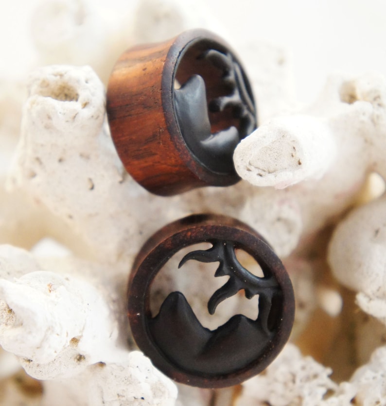 12mm Pair Dark Sono Wood Mountains Sun Tunnels Plugs Earrings 10mm 12 18mm 1116 14mm 00G 58 916 16mm 20mm 1316 25mm 1