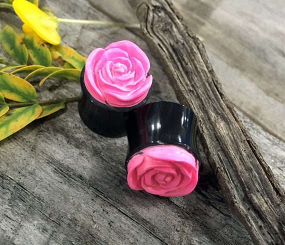 PAIR Horn Plugs w//5-Petal Bone Flower 8mm,10mm,12mm,14mm,16mm,19mm,22mm,25mm