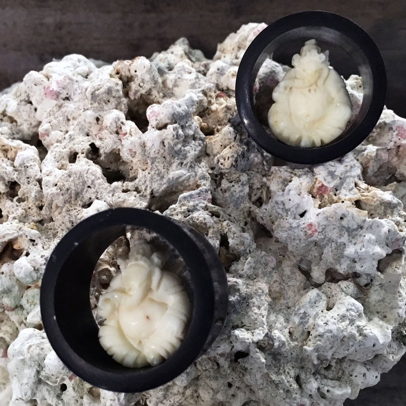 Black Horn Flesh Tunnel Plugs w Carved Bone Ganesha Inlay Pair 14mm 916 16mm 58 19mm 1316 22mm 78 25mm 1