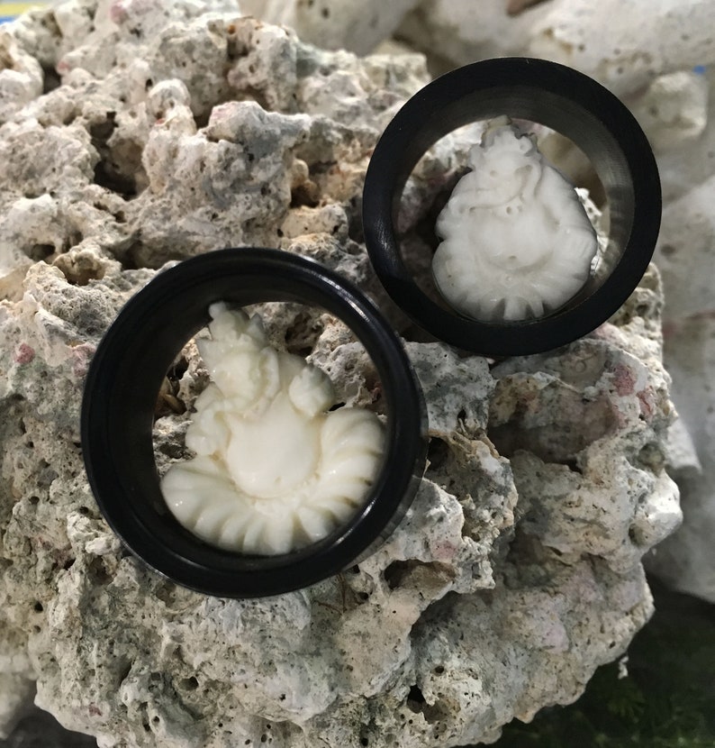 Black Horn Flesh Tunnel Plugs w Carved Bone Ganesha Inlay Pair 14mm 916 16mm 58 19mm 1316 22mm 78 25mm 1