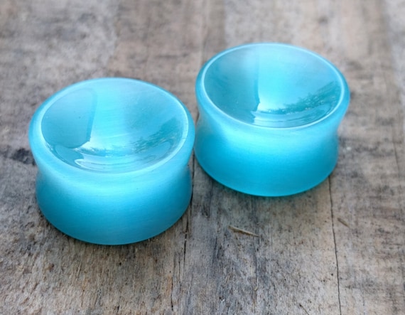11//16 Pair Blue Cats Eye Stone Plugs 18mm