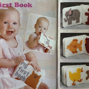 May include: A plastic canvas craft book titled My First Book featuring cross-stitched animal designs including an elephant, bear, fish, chicken, duck, and rabbit. The book pages are white with colorful stitched illustrations and text.