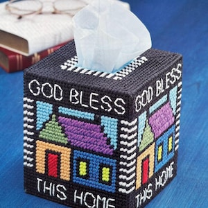 Plastic Canvas Pattern in 7 Count Pretty God Bless This Home Boutique Tissue Topper Spring Summer Fall Winter