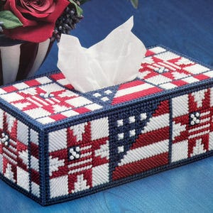 Plastic Canvas Pattern in 7 Count Old Glory Quilt Block USA  Long Style Tissue Topper Spring Summer