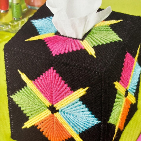 Plastic Canvas Pattern in 7 Count Neon Bursts Boutique Tissue Topper Cover