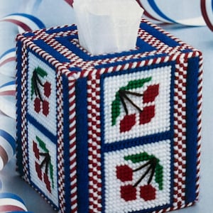 May include: A red, white, and blue tissue box cover with a cherry design. The cover is made of plastic canvas and is decorated with red, white, and blue yarn.