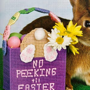 May include: Purple plastic Easter basket with a bunny tail and ears, a rainbow handle, and the text "No Peeking 'til Easter". The basket is filled with colorful plastic Easter eggs. A brown rabbit is peeking over the basket.