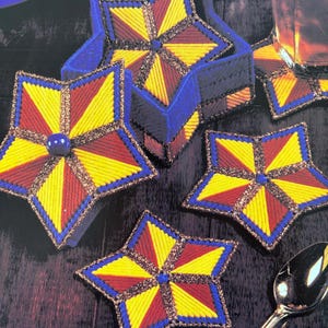 Plastic Canvas Pattern in 7  Count Pretty Star Bright Coasters and Holder Spring Summer Fall Winter