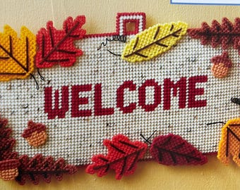 Plastic Canvas Pattern for 7 Count Canvas Autumn Leaves Welcome Sign Decor Wall Art Fall Winter