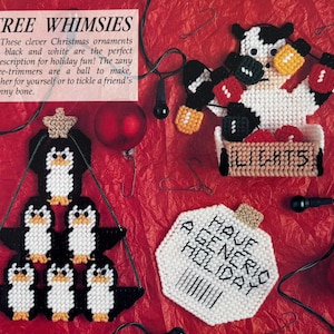 Plastic Canvas Pattern in 7 Count Fun Tree Whimzies Ornaments Christmas Winter Penguins Xmas Cow