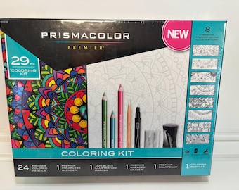 May include: A Prismacolor Premier 29-piece coloring kit. The box features a colorful mandala design and includes 24 colored pencils, a colorless blender, a black illustration marker, a kneaded eraser, a sharpener, and a coloring booklet.