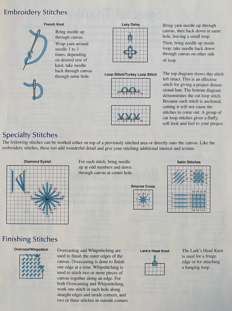 K&ouml;nnte beinhalten: Seite mit Abbildungen verschiedener Stickstiche, darunter Franz&ouml;sischer Knoten, Lazy Daisy, Schlaufenstich, Diamant-&Ouml;senstich, Smyrna-Kreuz, Satinstiche, &Uuml;berwendlingsstich/Whipstitch und Lark's Head Knot.