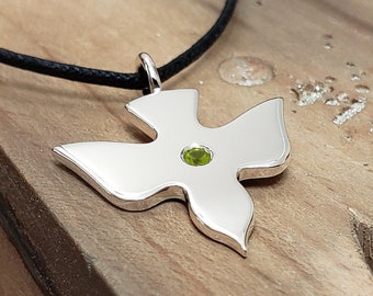 Peridot Flying Dove Necklace Pendant in Sterling Silver - Sterling Silver Dove Necklace, Sterling Silver Dove Pendant, Flying Dove Necklace