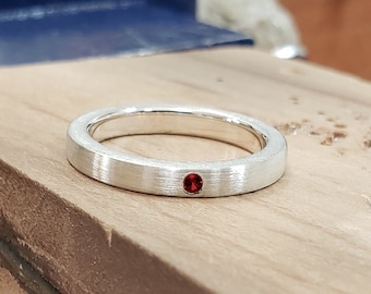 Thin Brushed Garnet Band in Sterling Silver - Garnet Band, Garnet Ring, Sterling Silver Wedding Band, Brushed Band, Brushed Garnet Ring