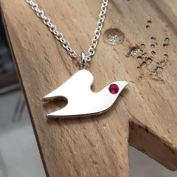 Ruby Dove Necklace Pendant in Sterling Silver - Sterling Silver Dove Necklace, Sterling Dove Necklace, Sterling Silver Dove Pendant