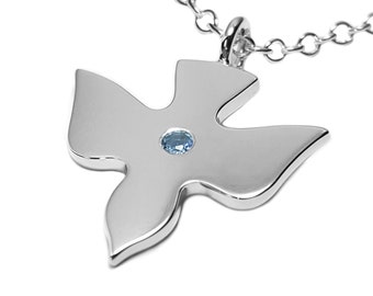 Blue Topaz Flying Dove Necklace Pendant In Sterling Silver - Sterling Silver Dove Necklace, Sterling Silver Dove Pendant, Silver Peace Dove