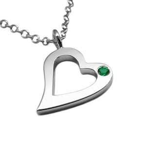 Emerald Open Heart Necklace Pendant In Sterling Silver - Sterling Silver Heart Necklace, Sterling Silver Heart Pendant, Emerald Heart