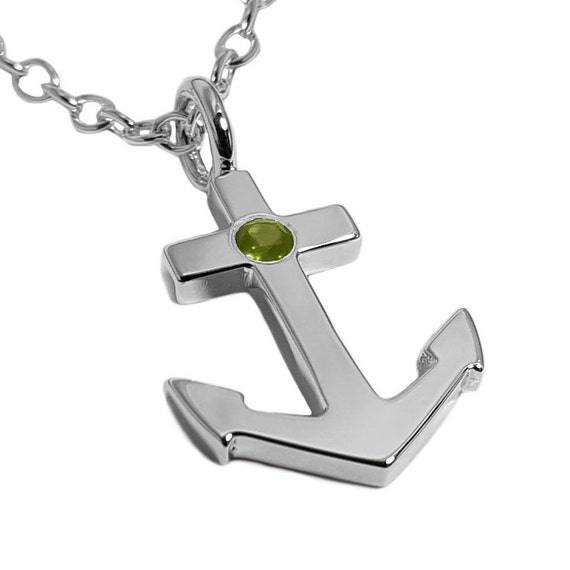 Peridot Anchor Necklace Pendant in Sterling Silver - Sterling Silver Anchor Necklace, Sterling Silver Anchor Pendant, Peridot Anchor Pendant