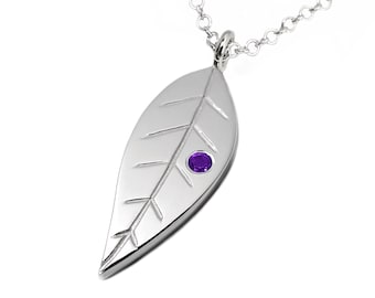 Amethyst Leaf Necklace Pendant in Sterling Silver