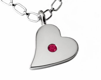 Ruby Sideways Heart Necklace Pendant in Sterling Silver - Sterling Silver Heart Necklace, Sterling Heart Necklace, Sterling Heart Pendant
