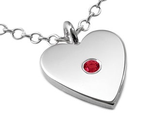 Ruby Heart Necklace Pendant in Sterling Silver - Sterling Silver Heart Necklace, Ruby Heart Pendant, Sterling Silver Heart Pendant