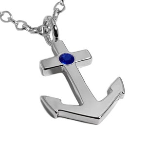 Blue Sapphire Anchor Necklace Pendant - Sterling Silver Anchor Necklace, Sterling Silver Anchor Pendant, Blue Sapphire Anchor Pendant