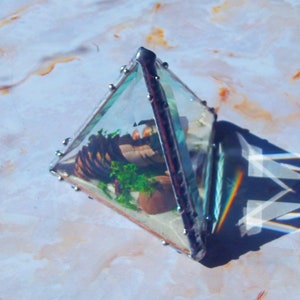Pyramid NatureScape: Beveled Glass Tetrahedron with Natural Elements