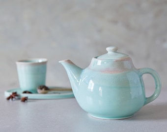 Handmade Turquoise Teapot Set, 650 ml Large Ceramic Teapot and Matching Cup with Saucers, 22 Oz Teapot with Lid, Gift For Father