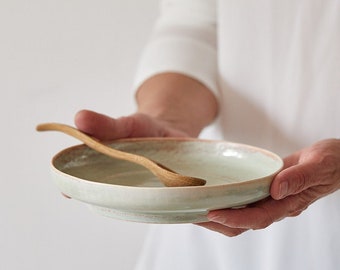 Light Green Set of TWO Handmade Salad Plates, Medium Size Dinner Plates, Rustic High Rim Deep Ceramic Plates Set, Unique Pottery Plates