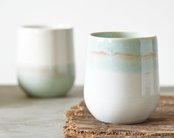 Set Of TWO Turquoise Ceramic Huggable Large Mugs Without Handles, 14 Oz Pottery Coffee Tumblers, XL Tea Cups Set, Unique Marbled Mugs Set