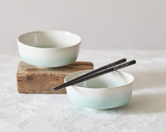 Japanese Footed Small Ceramic Rice Bowl, TWO Handmade White-Green Pottery Small Serving Dish, Asian Soup Bowls Set, Modern Pottery Bowls