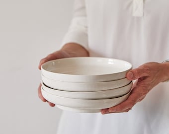 Set of 2 Handmade White Salad Plates, Modern Pottery Cake Dessert Serving Plates, Ceramic Deep First Course Plate Set, Wedding Gift
