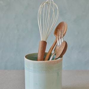 Ceramic Turquoise Utensil Holder, Pottery Utensil Jar, Knives And Spoon Holder, Storage Jar, Stoneware Vase, Kitchen Utensil Pot image 2