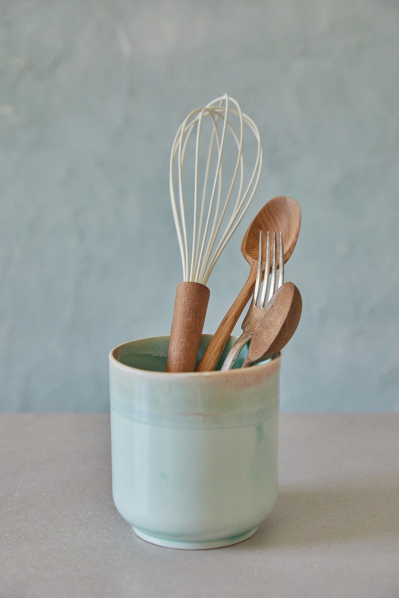 Ceramic Turquoise Utensil Holder, Pottery Utensil Jar, Knives And Spoon Holder, Storage Jar, Stoneware Vase, Kitchen Utensil Pot image 2