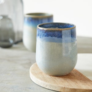 TWO 14 Oz Ceramic Handmade Coffee Mugs without Handle, Set of 2 Pottery Huggable Ocean Blue Tumblers, Unique Pottery Gift