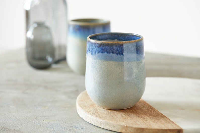 Set of Two Ceramic Cups, Fine Handmade Pottery, Huggable Teacups, Gray and Blue Stoneware Cups, Cold Drinks Mugs Set, Nordic Design image 1