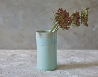 Turquoise Ceramic Vase, Tall Pottery Vessel, Stoneware Cylinder, Flower Vase Holder, Water Pitcher