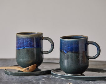 Dark Blue Ceramic Coffee Mugs Set of TWO, Stoneware Tea Mugs with Handles, Modern Scandinavian Style Cappuccino Cups, 11 fl. oz