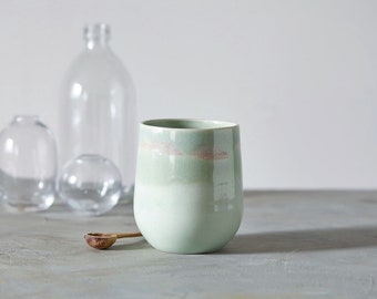 Light Green XL Ceramic Cup, Rustic Huggable Mug, Pottery Coffee Cup without Handle, 14 fl. oz