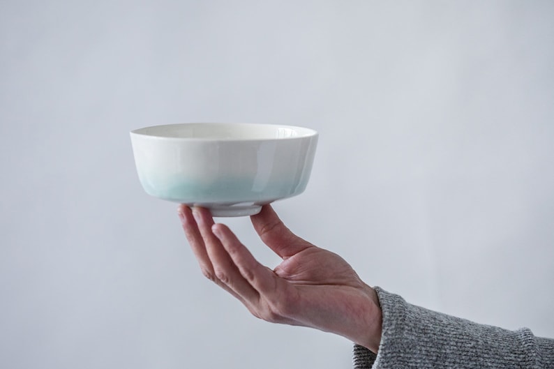 Japanese Ceramic Rice Bowl Whitegreen Pottery Serving Dish Etsy