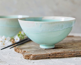 Ceramic Ramen Bowls Set, Light Turquoise Noodles Bowls, Pottery Soup Bowls, Salad Serving Bowl, Modern Japanese Nesting Bowl, New Home Gift