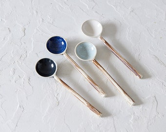 Wabi-Sabi Colorful Ceramic Spoons, Set of Two Appetizers Serving Spoons, A Pair of Blue/White/Gray Spoons, Tableware Decoration Gift