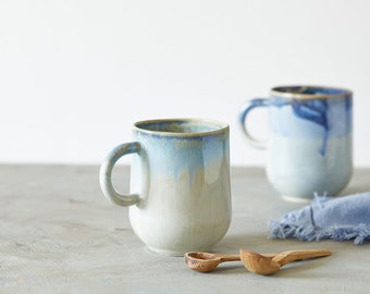 Set of TWO Blue and Gray Ceramic Tea Mugs, Rustic Bohemian Pottery Cappuccino Cups, 11 fl.oz