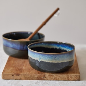 Set Of TWO Large Handmade Ceramic Bowls, Rustic Pho Soup Deep Bowls, Country Style Bohemian Unique Pottery Serving Bowl Set, Christmas Gift