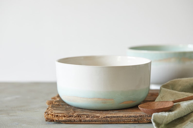 Handmade Ceramic Bowl, White and Light Turquoise Noodles Bowl, Pottery Soup Bowl, Salad Serving Bowl, Nesting Bowl, Holiday Gift Idea image 1