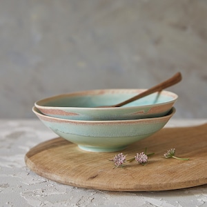 Ceramic Soup Bowl, Light Turquoise/Green Pottery Bowl, Handmade Stoneware Salad Serving Bowl, Modern Footed Noodle, Asian Dinner Bowls Set